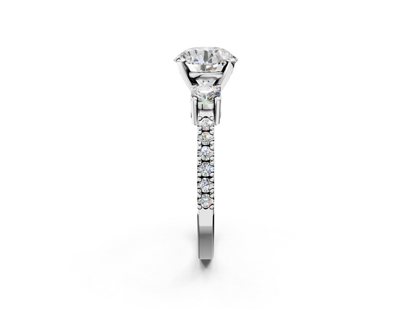Platinum Round Three Stone Engagement Ring Setting with Round Side Stones and Pave Band