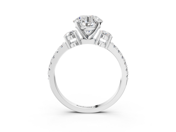 Platinum Round Three Stone Engagement Ring Setting with Round Side Stones and Pave Band
