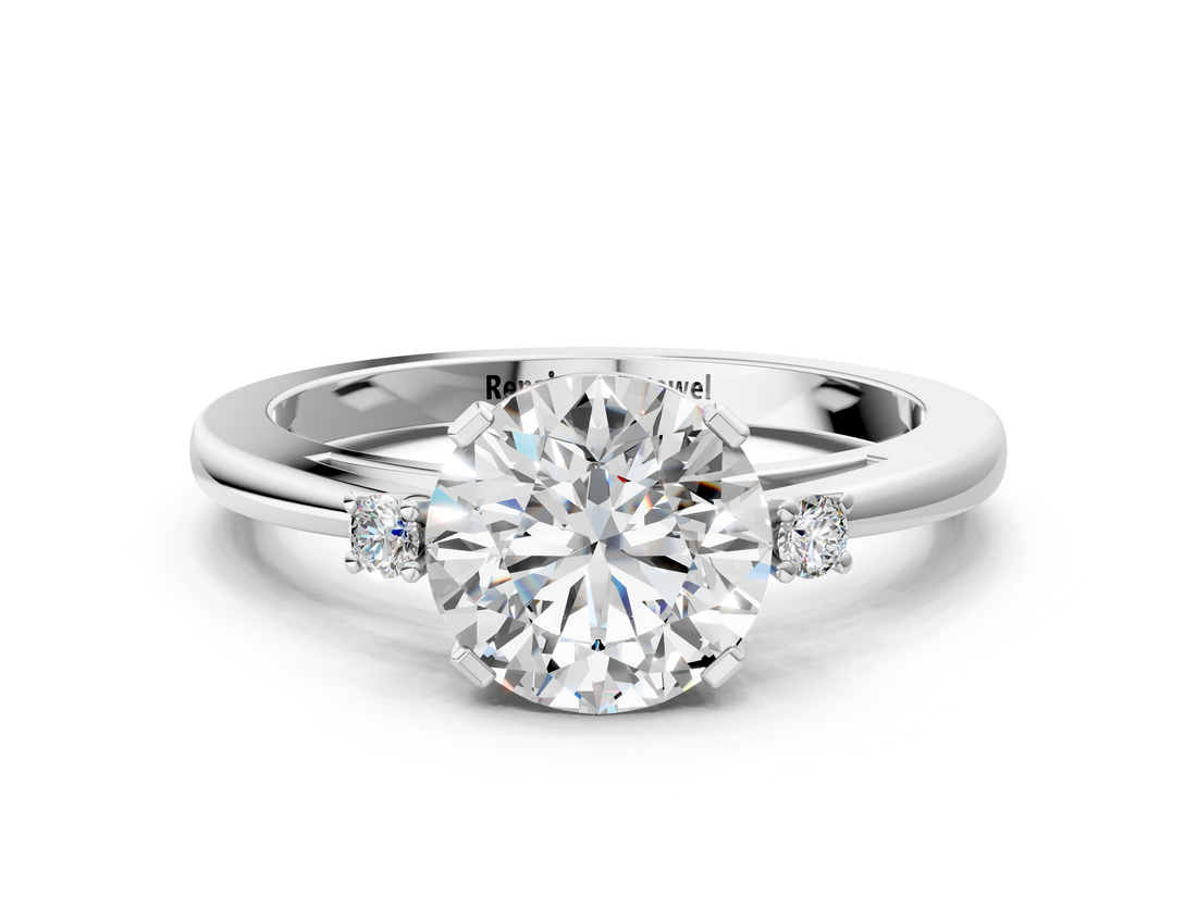 White gold Round Cut Three-Stone Solitaire Ring with Round Accent Diamonds and Four-Prong Setting_58