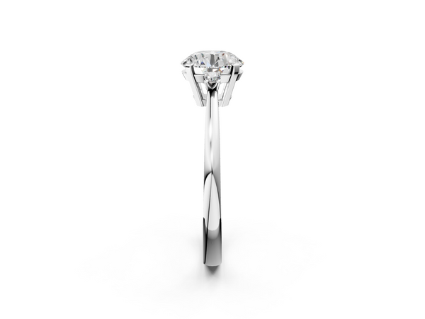 White gold Round Cut Three-Stone Solitaire Ring with Round Accent Diamonds and Four-Prong Setting