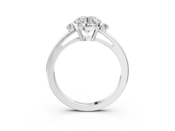 White gold Round Cut Three-Stone Solitaire Ring with Round Accent Diamonds and Four-Prong Setting