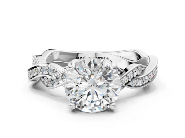 White gold Round Cut Twisted Pavé Band Solitaire Ring with Four-Prong Setting
