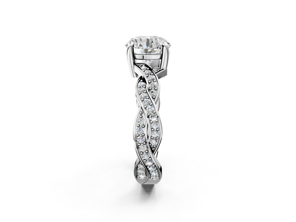 White gold Round Cut Twisted Pavé Band Solitaire Ring with Four-Prong Setting