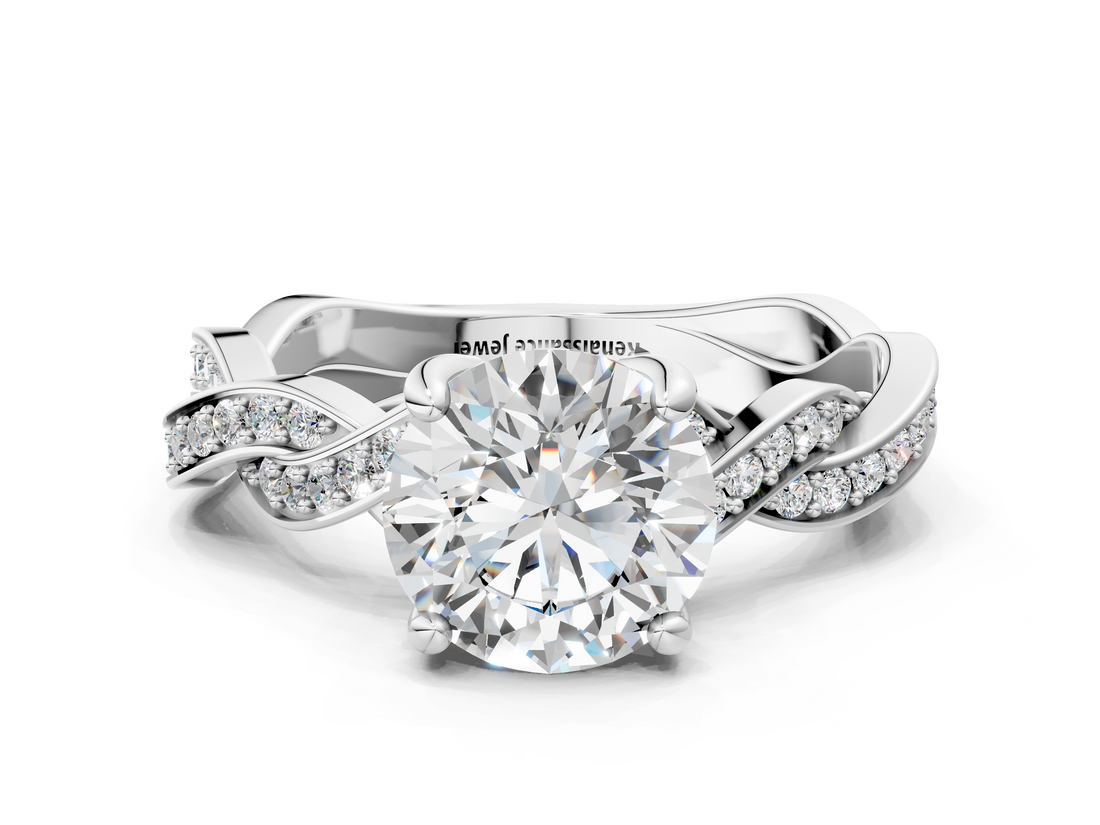 White gold Round Cut Twisted Pavé Band Solitaire Ring with Four-Prong Setting_113