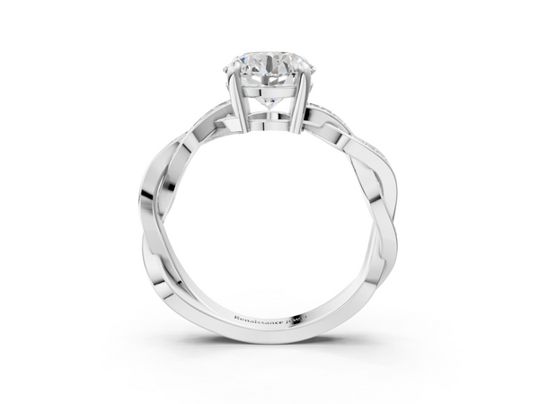 White gold Round Cut Twisted Pavé Band Solitaire Ring with Four-Prong Setting