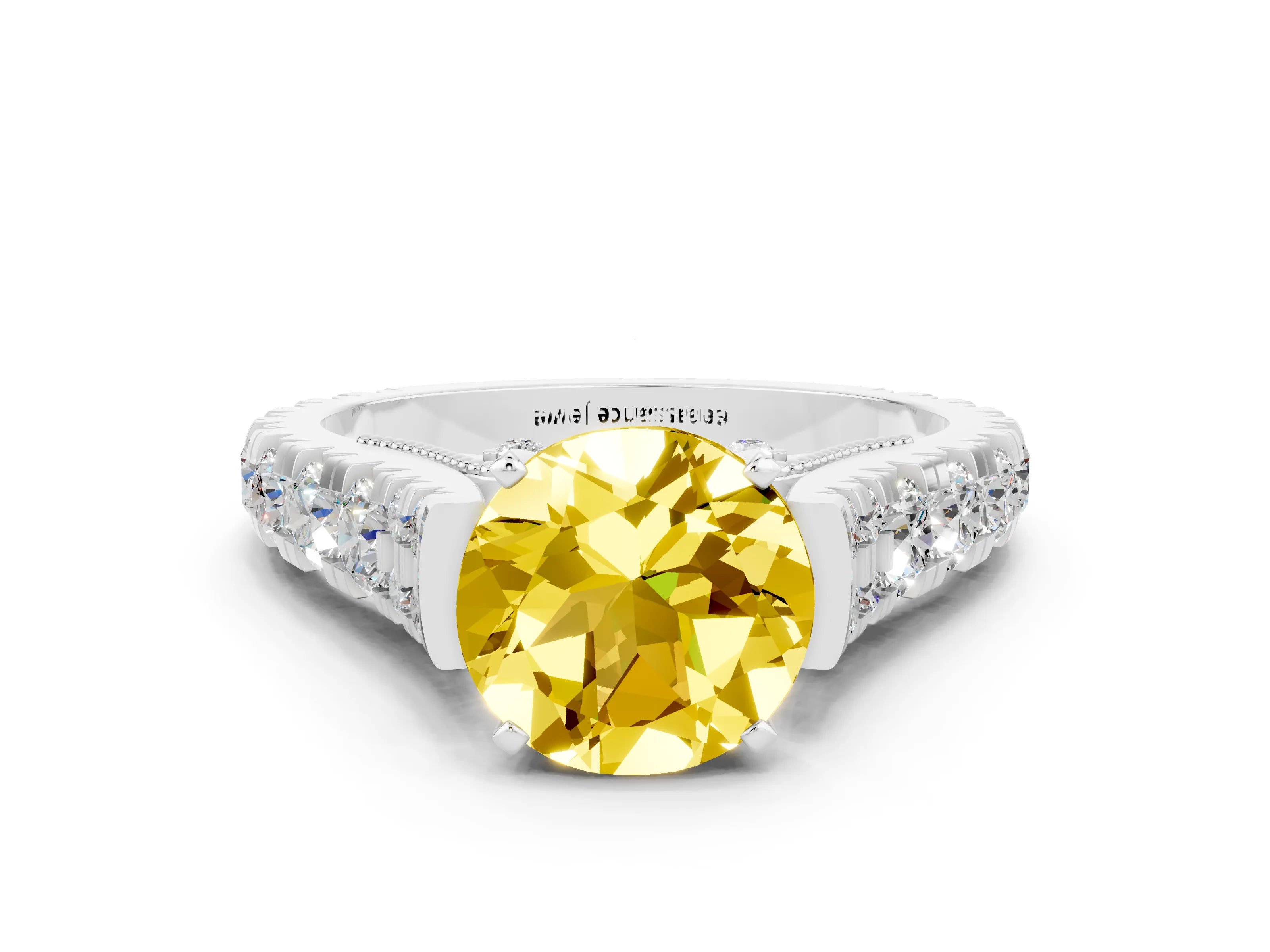White gold Round Cut Yellow Sapphire Classic Solitaire Ring with Pavé Band and Four-Prong Setting_12