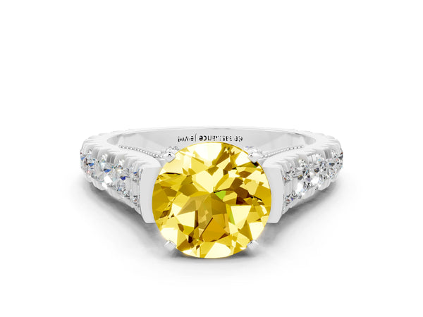 Silver Round Cut Yellow Sapphire Classic Solitaire Ring with Pavé Band and Four-Prong Setting