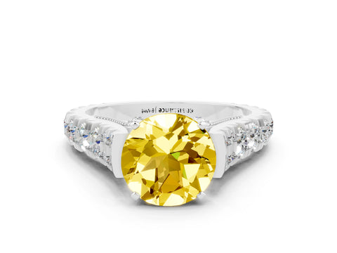 White gold Round Cut Yellow Sapphire Classic Solitaire Ring with Pavé Band and Four-Prong Setting_12