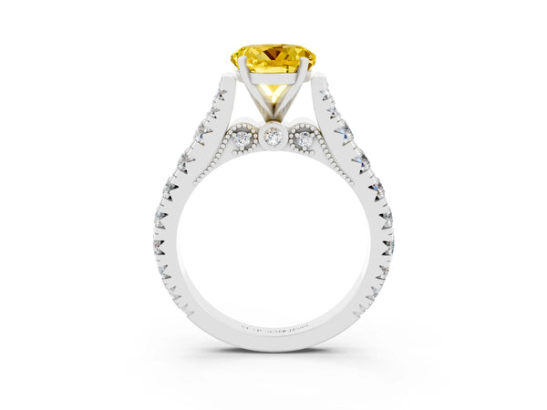 Platinum Round Cut Yellow Sapphire Classic Solitaire Ring with Pavé Band and Four-Prong Setting