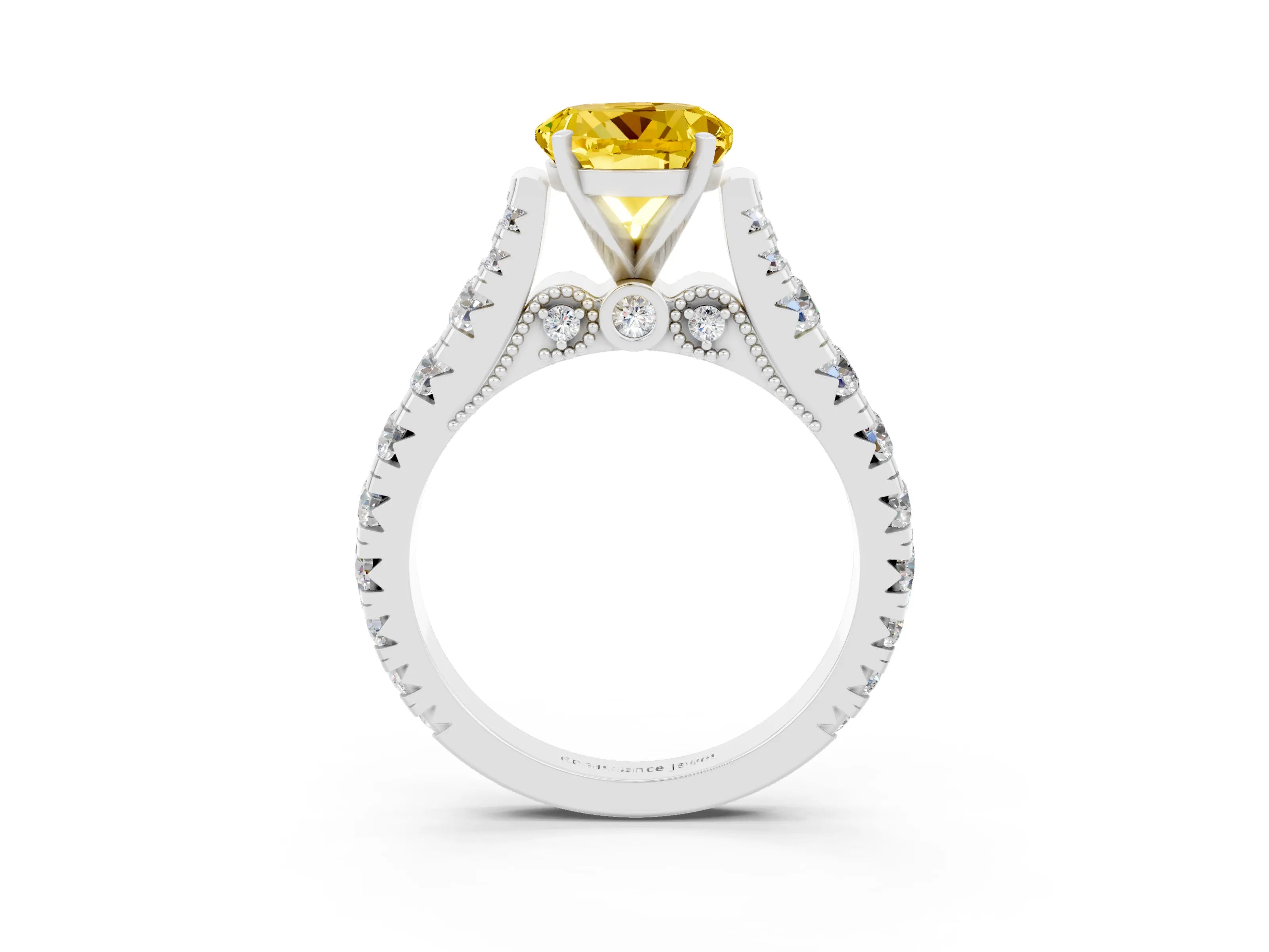 White gold Round Cut Yellow Sapphire Classic Solitaire Ring with Pavé Band and Four-Prong Setting_15