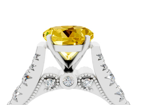 White gold Round Cut Yellow Sapphire Classic Solitaire Ring with Pavé Band and Four-Prong Setting_16