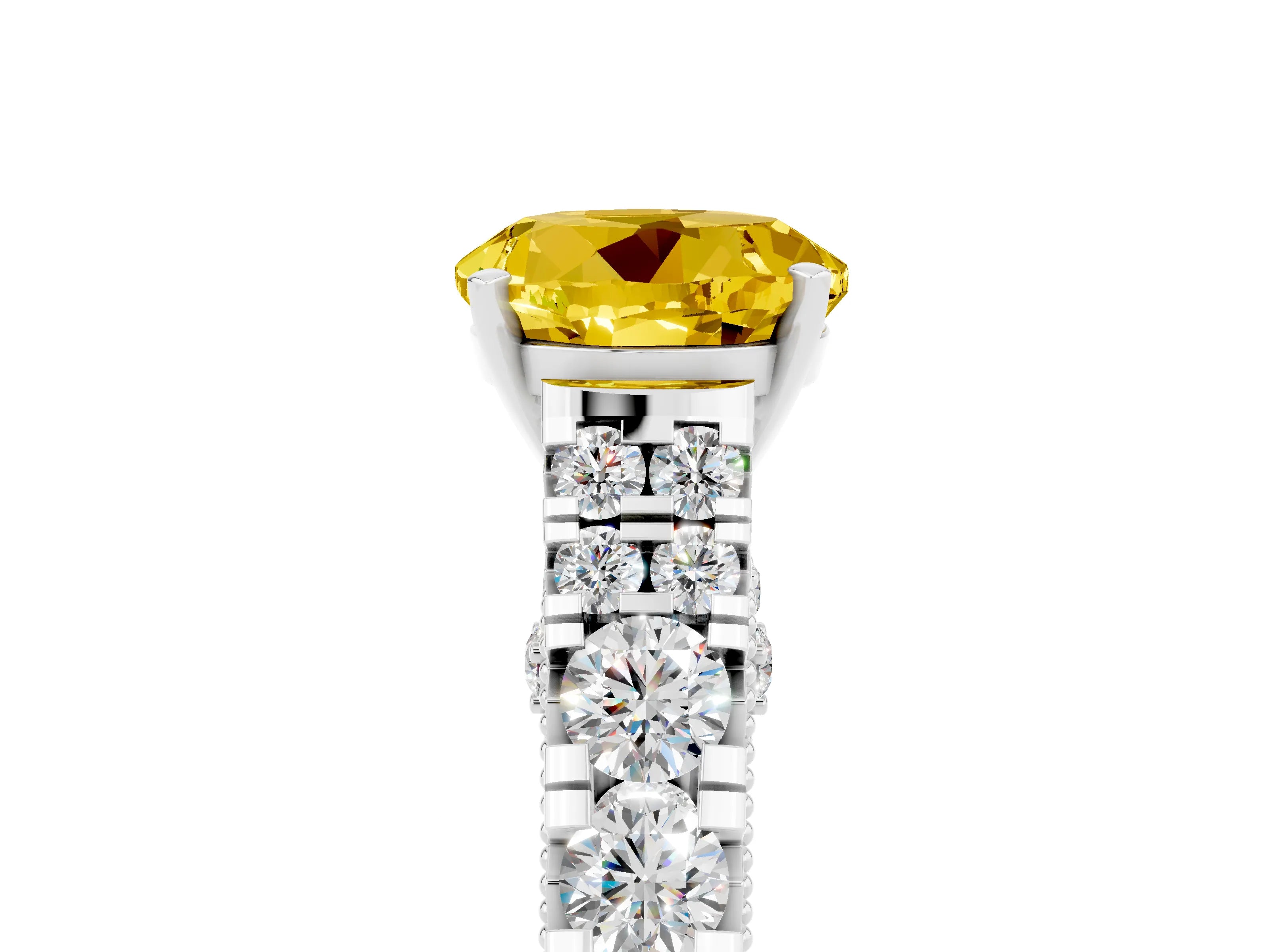 White gold Round Cut Yellow Sapphire Classic Solitaire Ring with Pavé Band and Four-Prong Setting_17