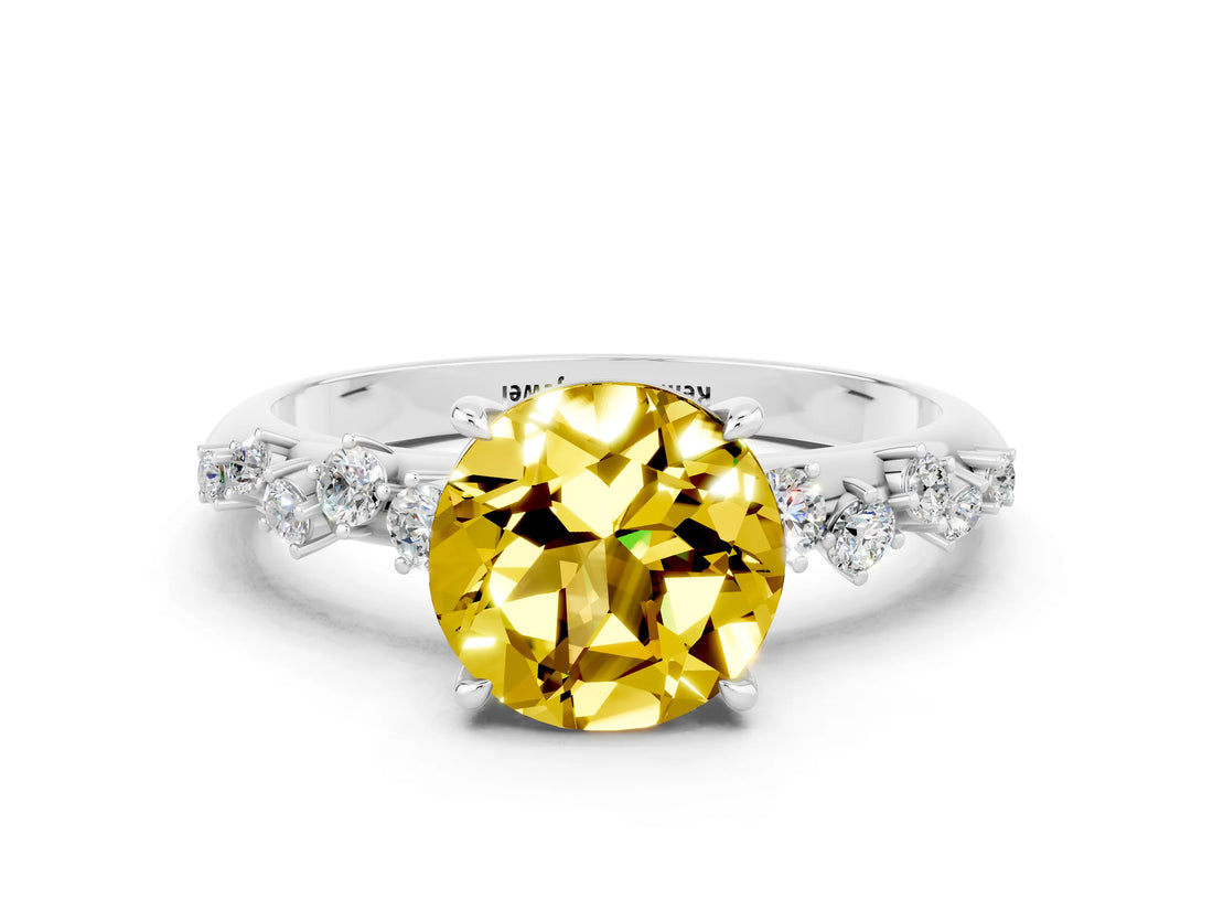 White gold Round Cut Yellow Sapphire Cluster Side Stone Solitaire Ring with Prong Setting_48