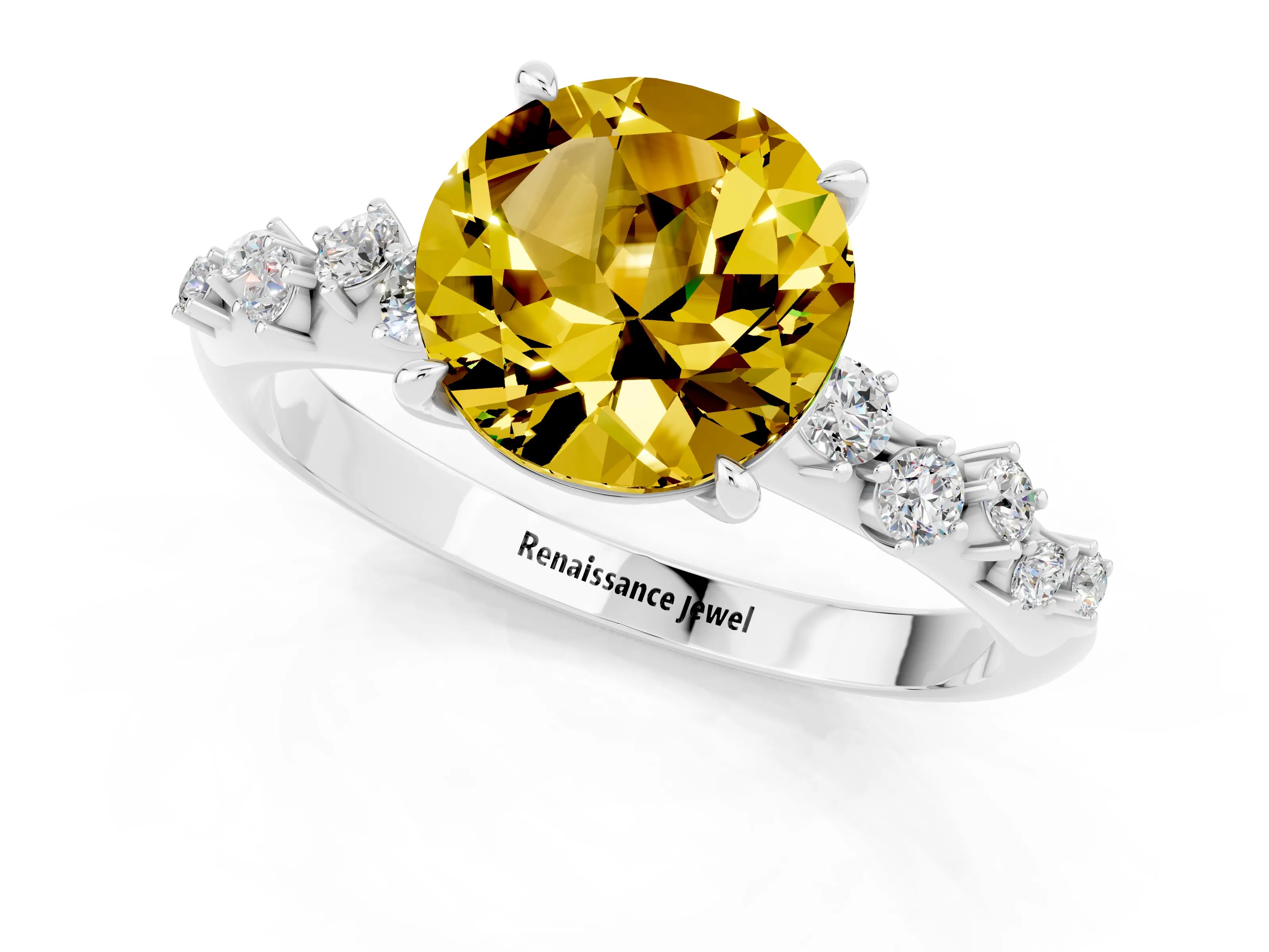 White gold Round Cut Yellow Sapphire Cluster Side Stone Solitaire Ring with Prong Setting_49