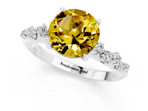 White gold Round Cut Yellow Sapphire Cluster Side Stone Solitaire Ring with Prong Setting_49