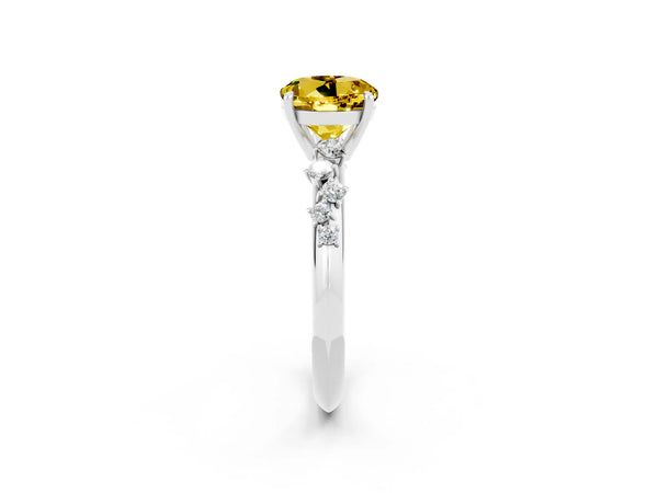 White gold Round Cut Yellow Sapphire Cluster Side Stone Solitaire Ring with Prong Setting