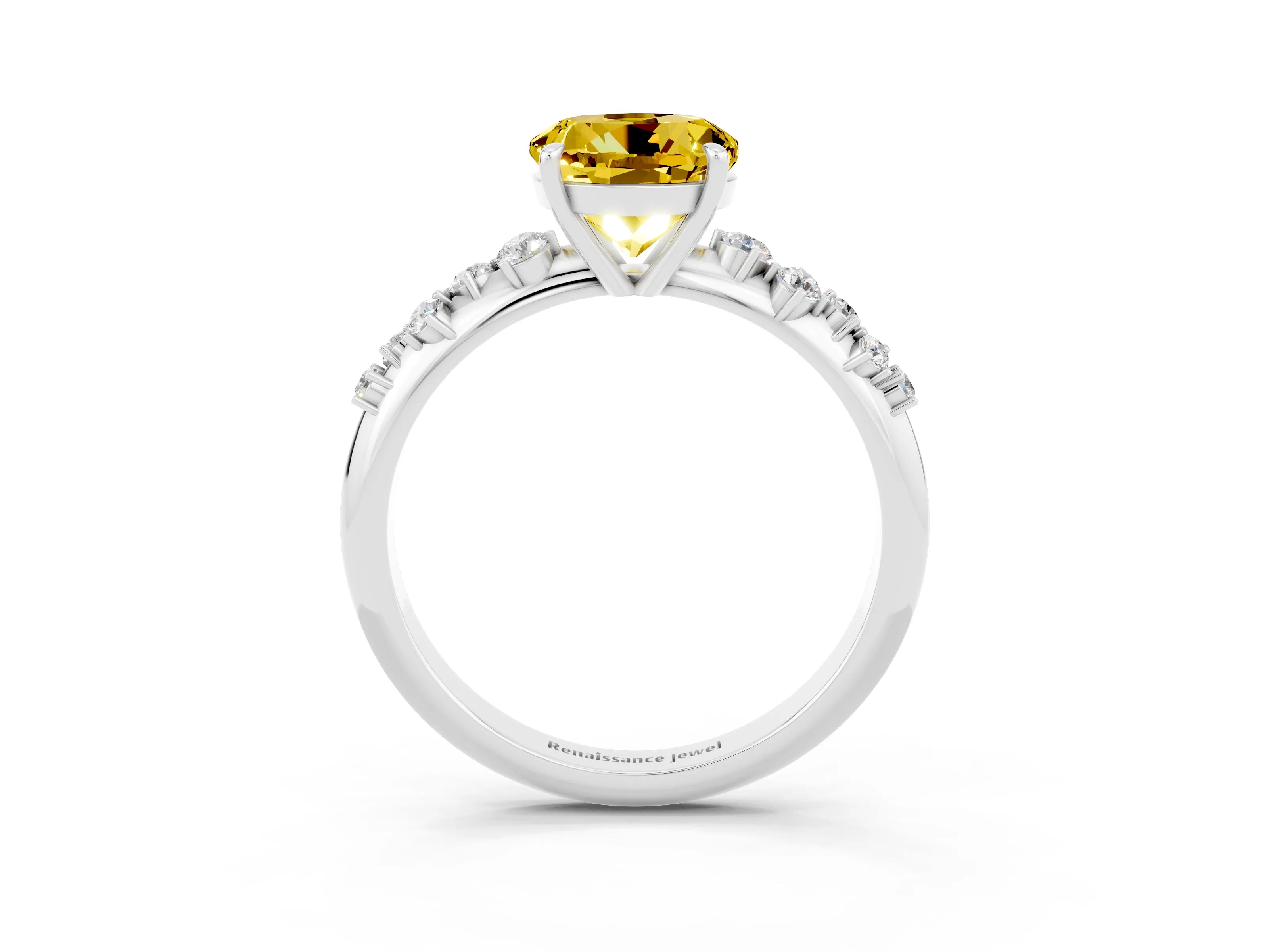 White gold Round Cut Yellow Sapphire Cluster Side Stone Solitaire Ring with Prong Setting_51