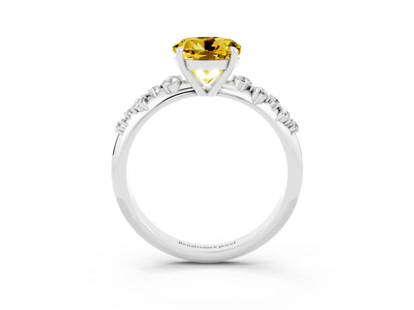 Silver Round Cut Yellow Sapphire Cluster Side Stone Solitaire Ring with Prong Setting