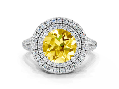 White gold Round Cut Yellow Sapphire Double Halo Ring with Pavé Band and Prong Setting_12