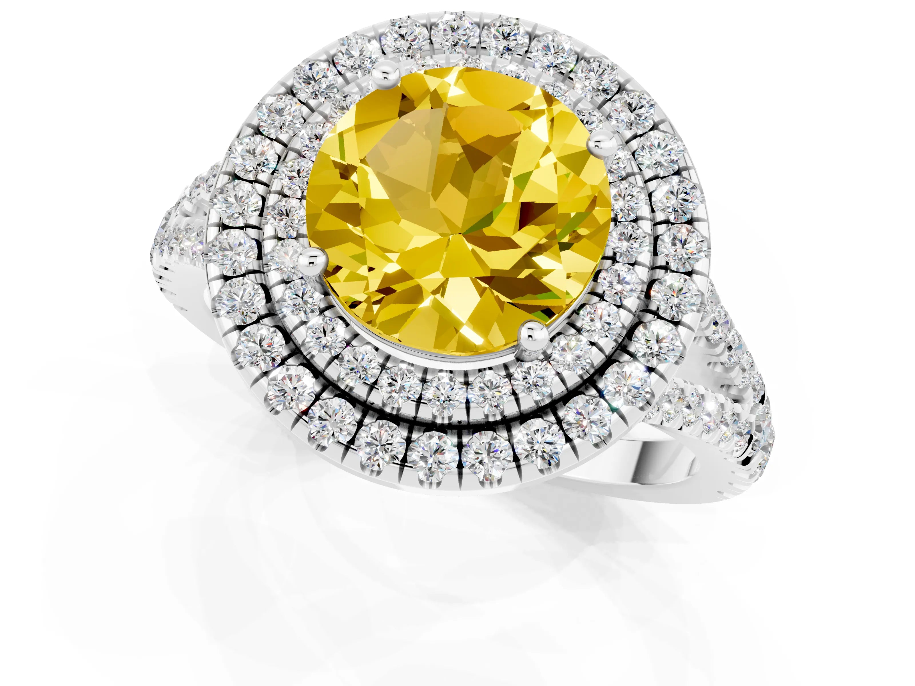 White gold Round Cut Yellow Sapphire Double Halo Ring with Pavé Band and Prong Setting_13
