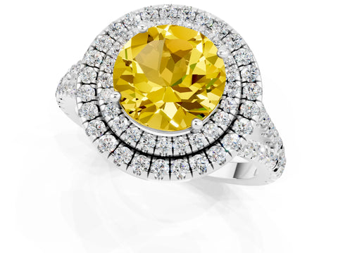 White gold Round Cut Yellow Sapphire Double Halo Ring with Pavé Band and Prong Setting_13