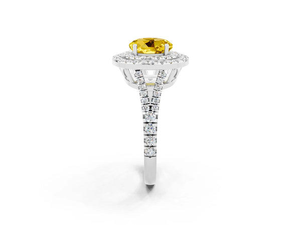 Platinum Round Cut Yellow Sapphire Double Halo Ring with Pavé Band and Prong Setting