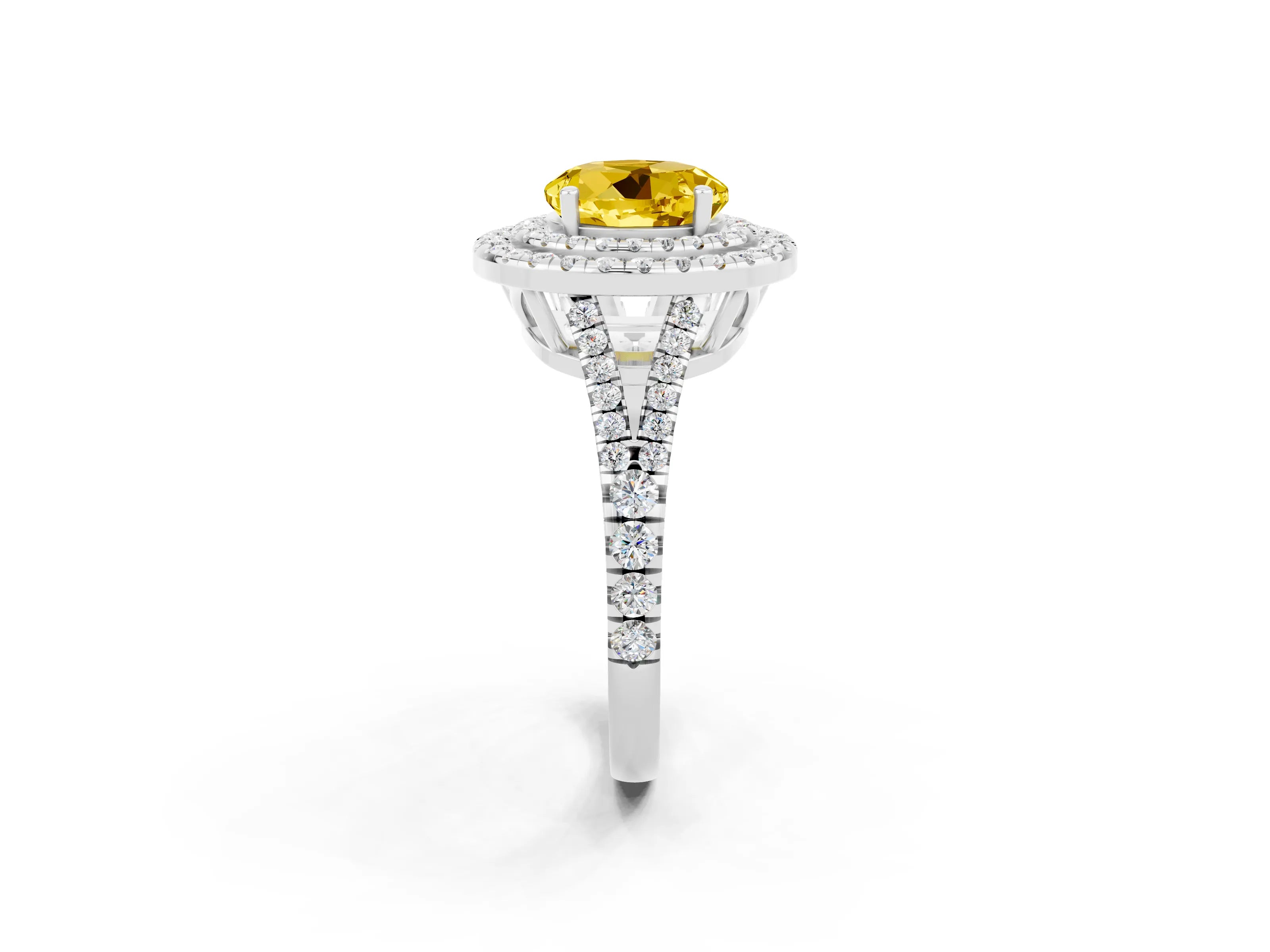 White gold Round Cut Yellow Sapphire Double Halo Ring with Pavé Band and Prong Setting_14