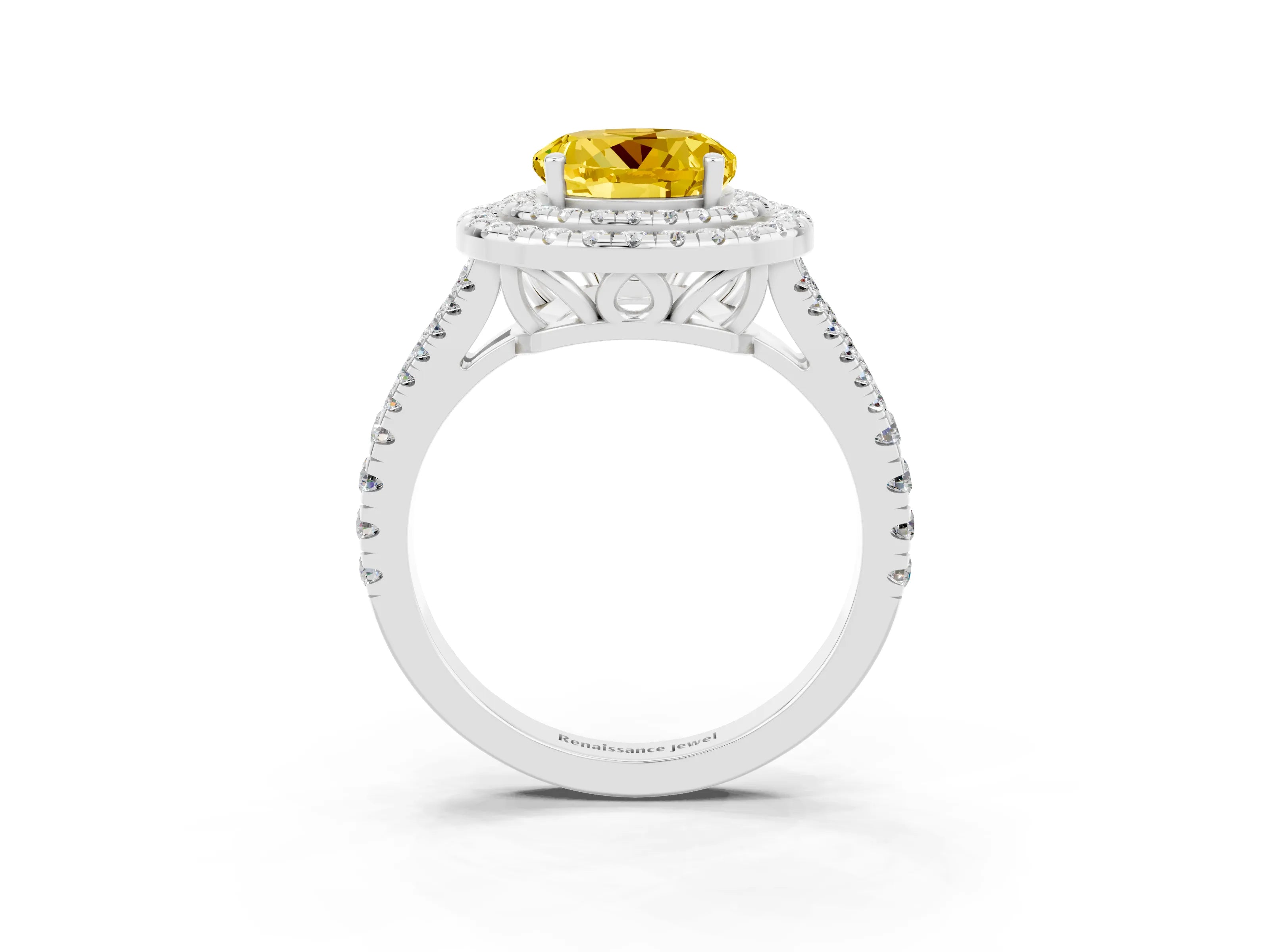 White gold Round Cut Yellow Sapphire Double Halo Ring with Pavé Band and Prong Setting_15