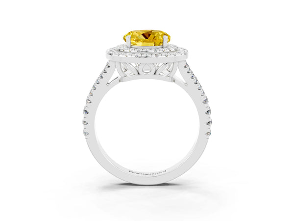Silver Round Cut Yellow Sapphire Double Halo Ring with Pavé Band and Prong Setting