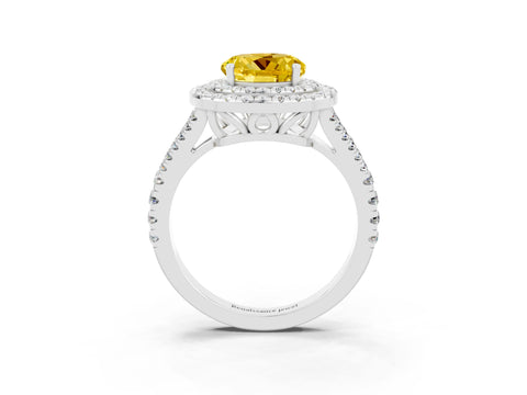 White gold Round Cut Yellow Sapphire Double Halo Ring with Pavé Band and Prong Setting_15
