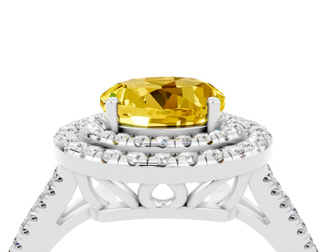 White gold Round Cut Yellow Sapphire Double Halo Ring with Pavé Band and Prong Setting_16