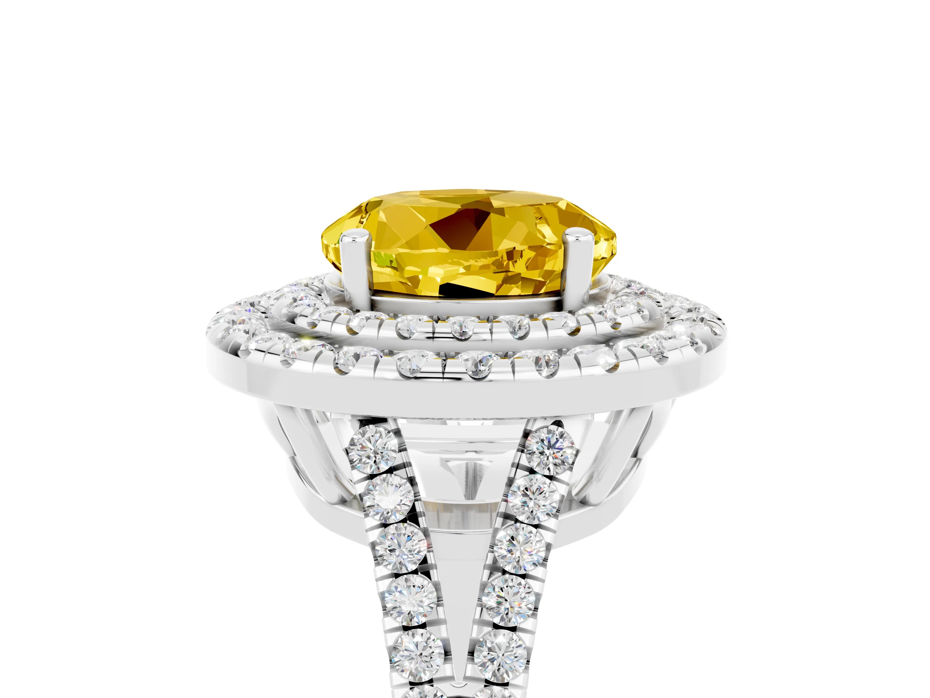 White gold Round Cut Yellow Sapphire Double Halo Ring with Pavé Band and Prong Setting_17
