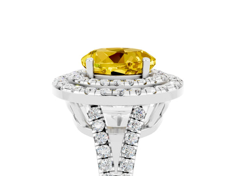White gold Round Cut Yellow Sapphire Double Halo Ring with Pavé Band and Prong Setting_17