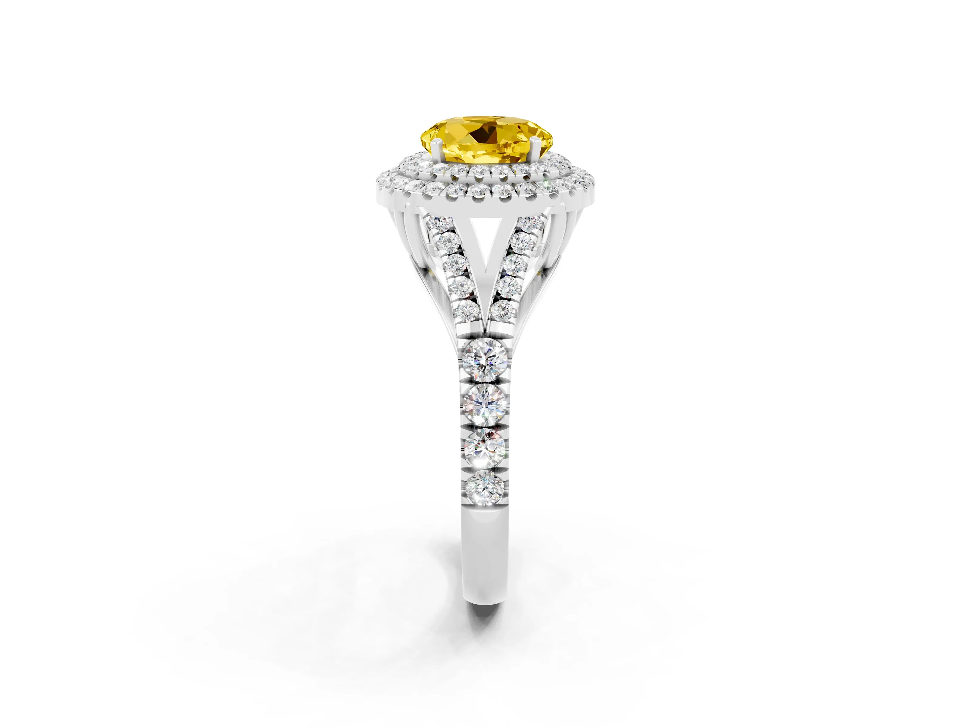 White gold Round Cut Yellow Sapphire Double Halo Ring with Split Shank and Prong Setting_14