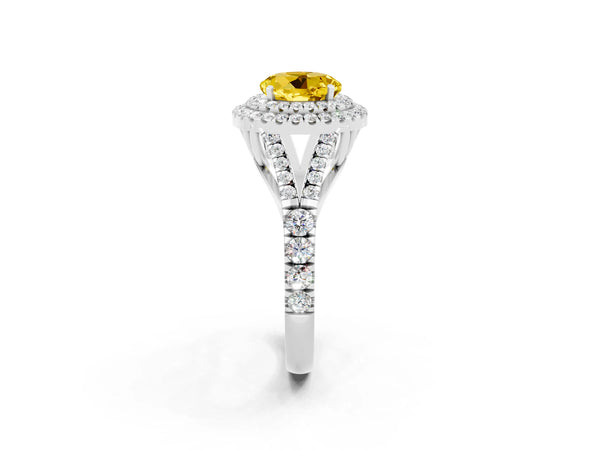 Silver Round Cut Yellow Sapphire Double Halo Ring with Split Shank and Prong Setting