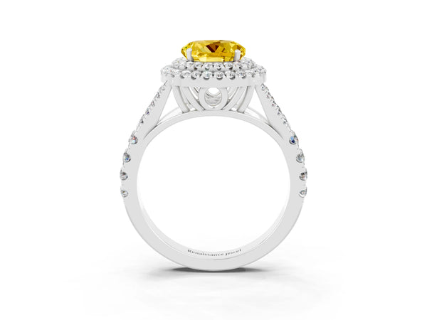 Silver Round Cut Yellow Sapphire Double Halo Ring with Split Shank and Prong Setting
