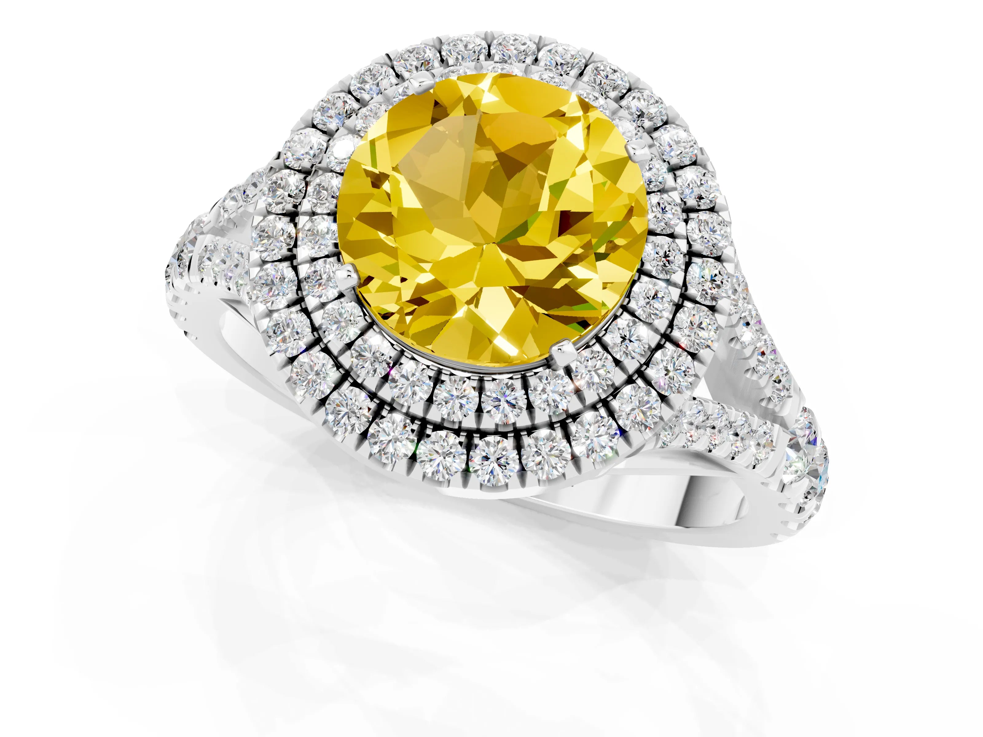 White gold Round Cut Yellow Sapphire Double Halo Ring with Split Shank and Prong Setting_25