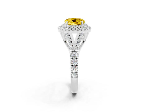 White gold Round Cut Yellow Sapphire Double Halo Ring with Split Shank and Prong Setting_26