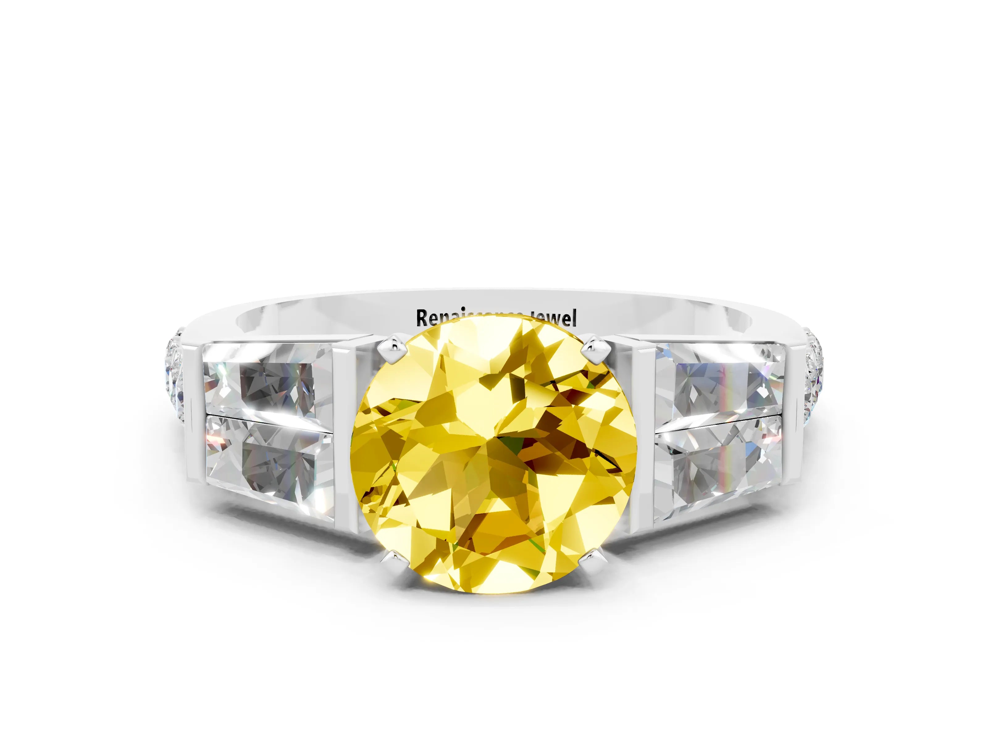 White gold Round Cut Yellow Sapphire Engagement Ring with Baguette Side Stones and Channel Set Band