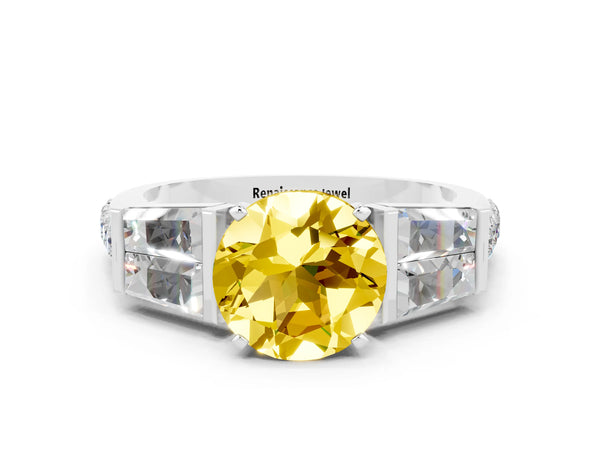 Platinum Round Cut Yellow Sapphire Engagement Ring with Baguette Side Stones and Channel Set Band