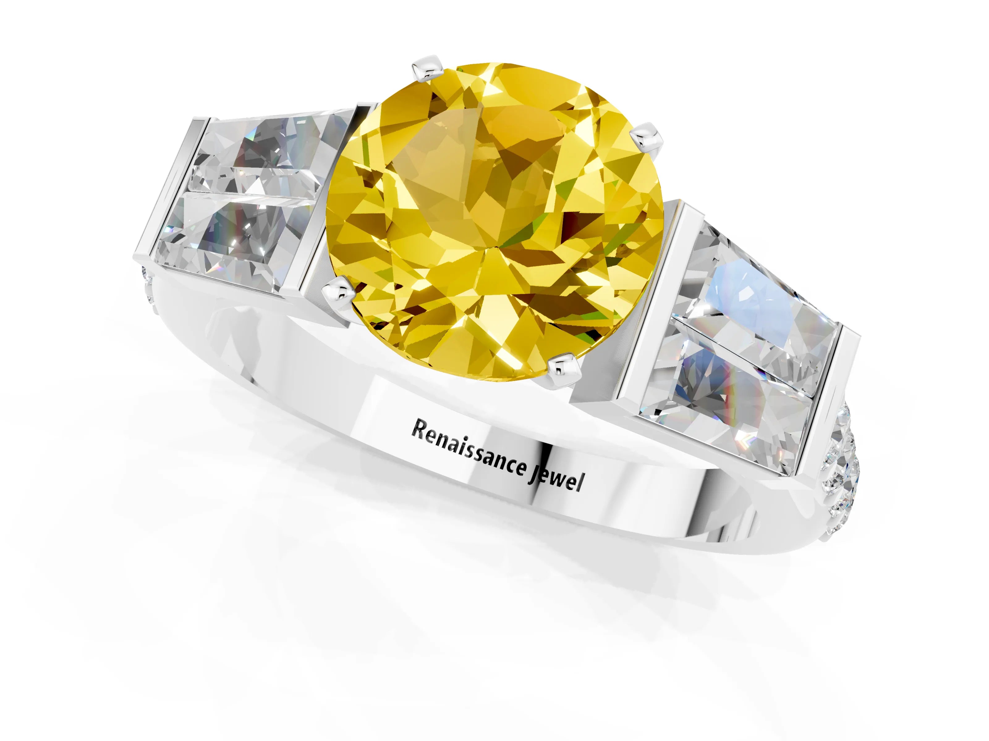 White gold Round Cut Yellow Sapphire Engagement Ring with Baguette Side Stones and Channel Set Band_1