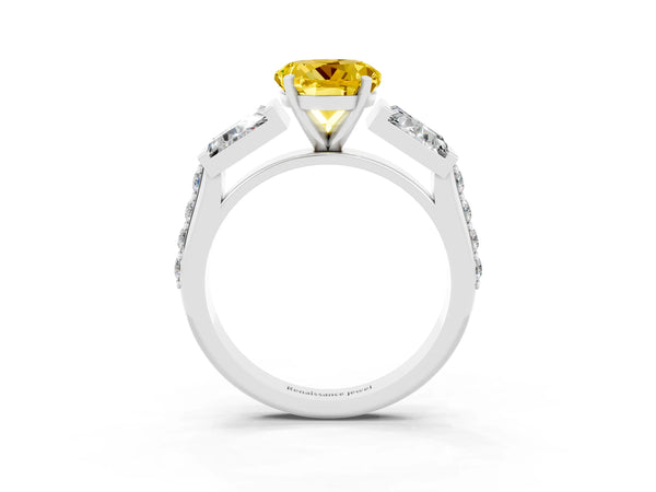 White gold Round Cut Yellow Sapphire Engagement Ring with Baguette Side Stones and Channel Set Band