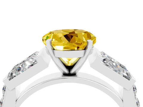 White gold Round Cut Yellow Sapphire Engagement Ring with Baguette Side Stones and Channel Set Band_4