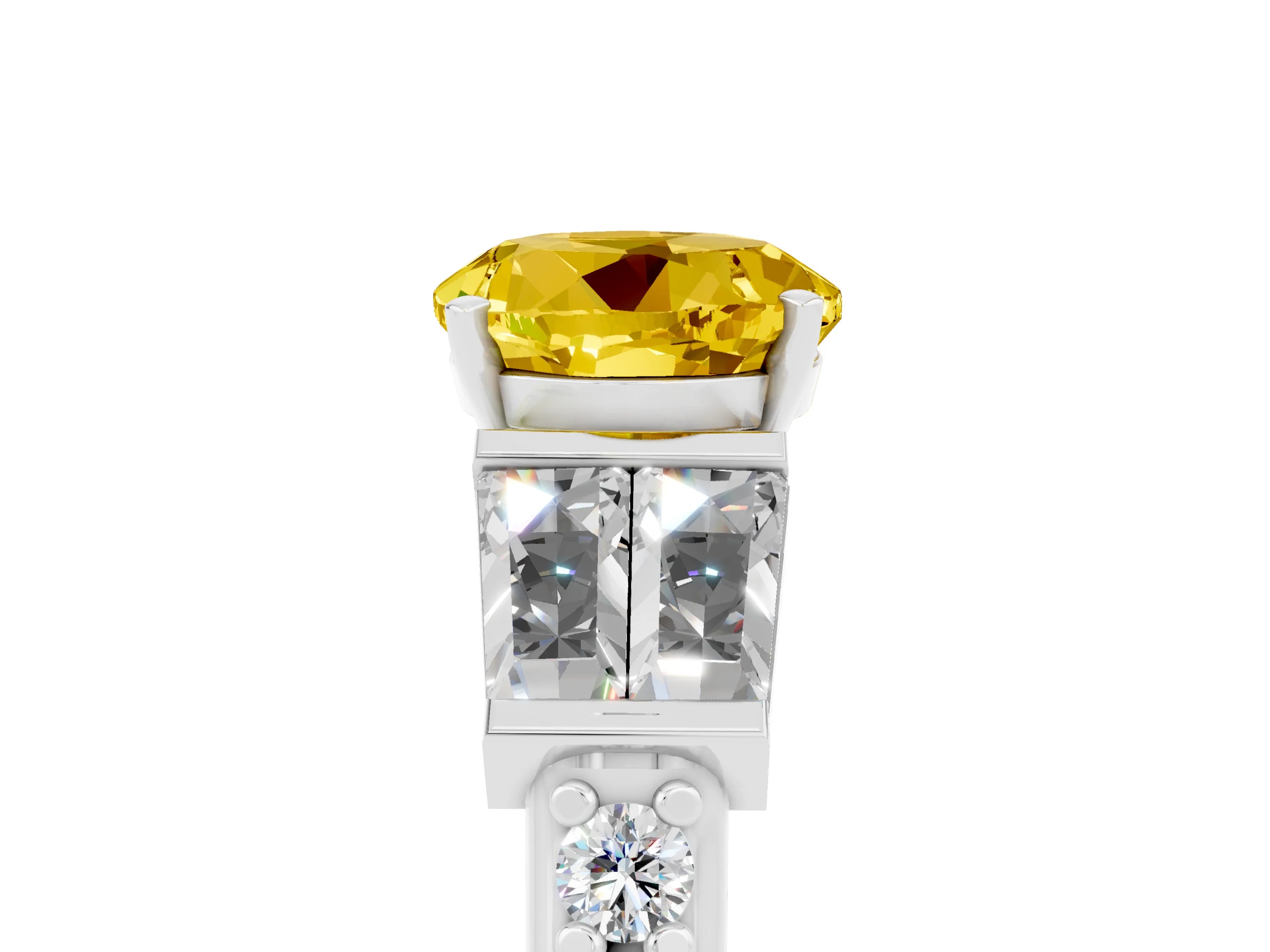 White gold Round Cut Yellow Sapphire Engagement Ring with Baguette Side Stones and Channel Set Band_5