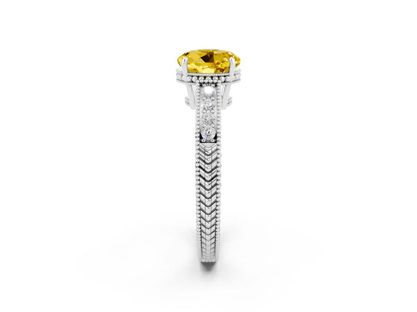 Platinum Round Cut Yellow Sapphire Engagement Ring with Milgrain Channel Set Band and Prong Setting