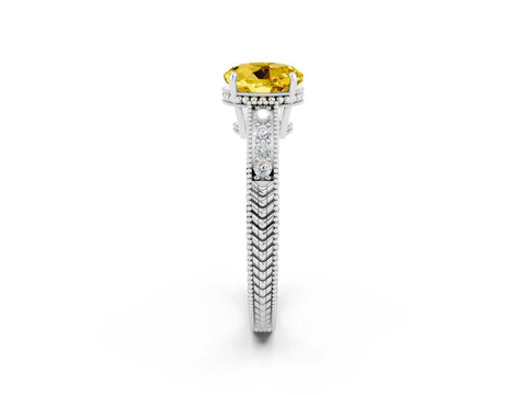 White gold Round Cut Yellow Sapphire Engagement Ring with Milgrain Channel Set Band and Prong Setting_26