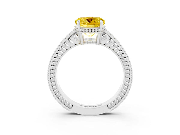 Platinum Round Cut Yellow Sapphire Engagement Ring with Milgrain Channel Set Band and Prong Setting