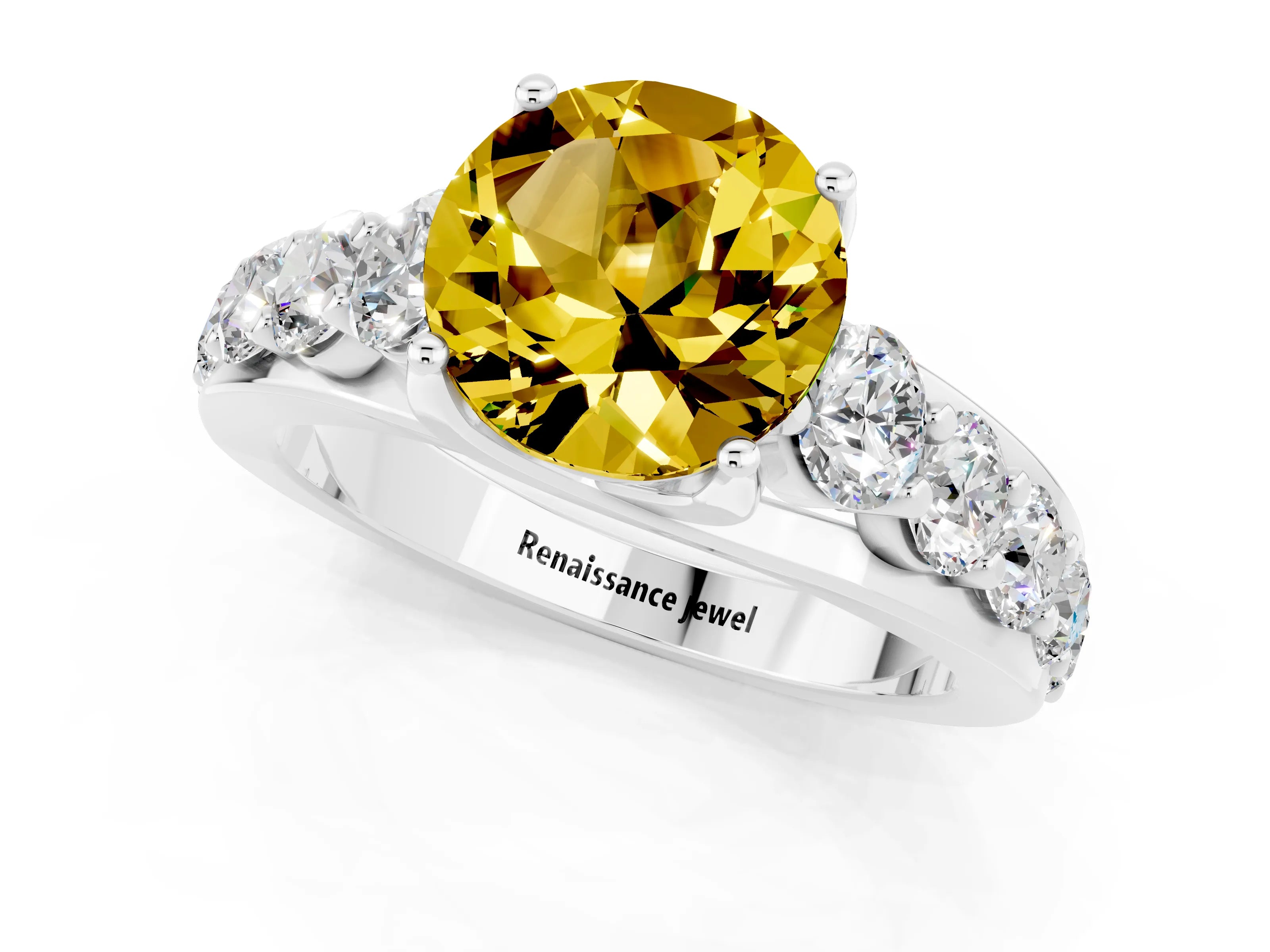 White gold Round Cut Yellow Sapphire Engagement Ring with Pavé Band and Four-Prong Setting_1