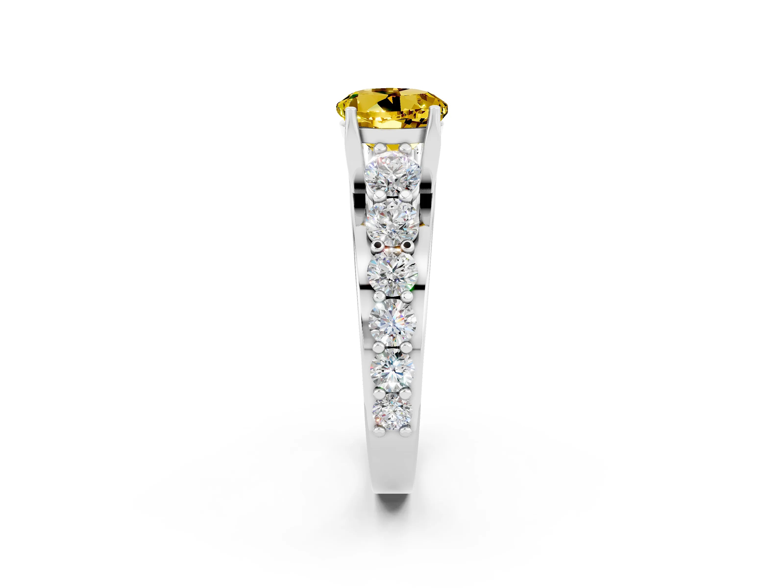 White gold Round Cut Yellow Sapphire Engagement Ring with Pavé Band and Four-Prong Setting_2