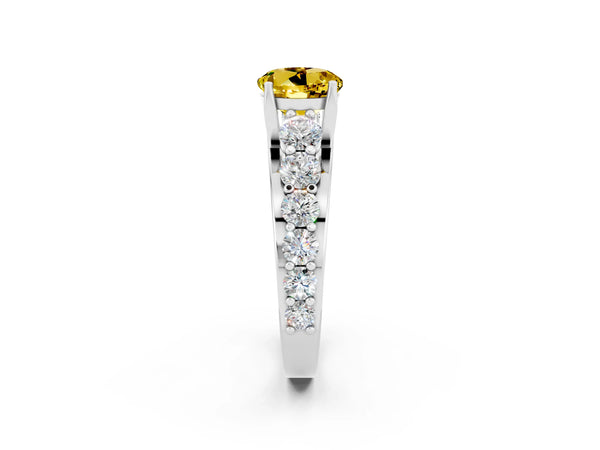 White gold Round Cut Yellow Sapphire Engagement Ring with Pavé Band and Four-Prong Setting